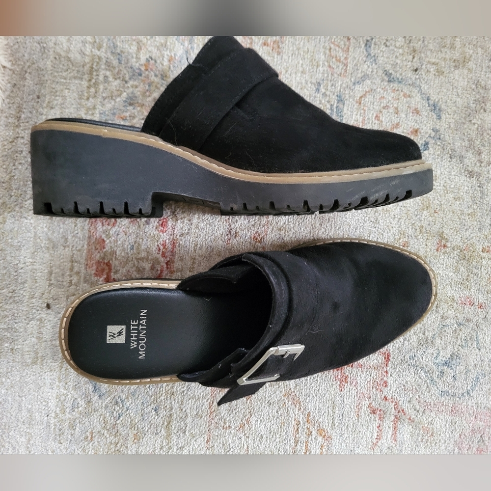 White Mountain Black Mules with Silver Buckle, Size 8